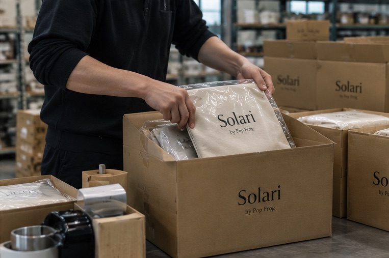 完成したノベルティを箱詰めして出荷する様子