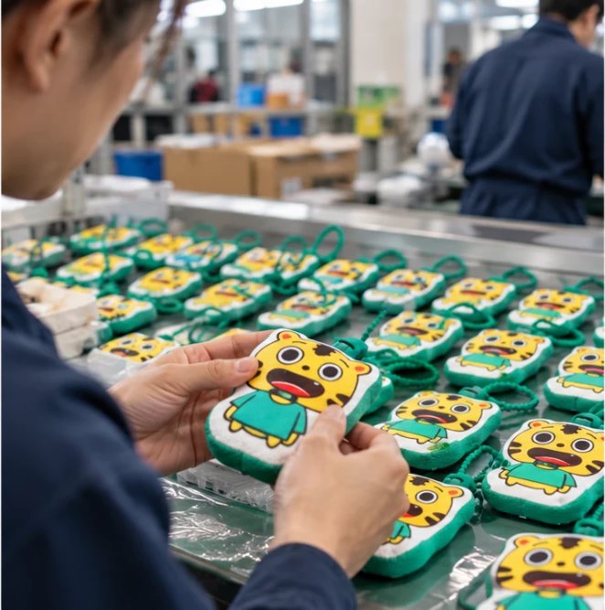 工場で量産したぬいぐるみキーホルダーを検品する様子